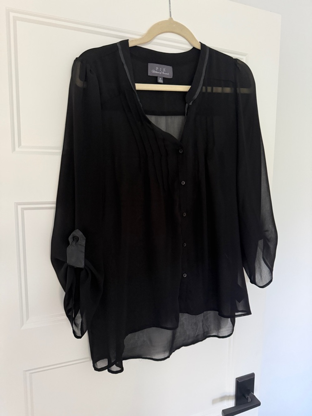 Sheer Black Button-Down Blouse with Pintuck Front
